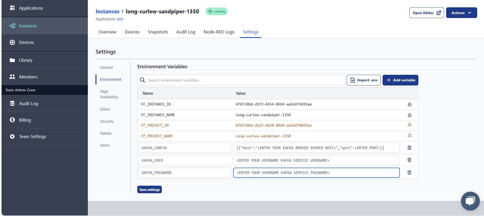 "Screenshot showing adding environment variable in Node-RED"